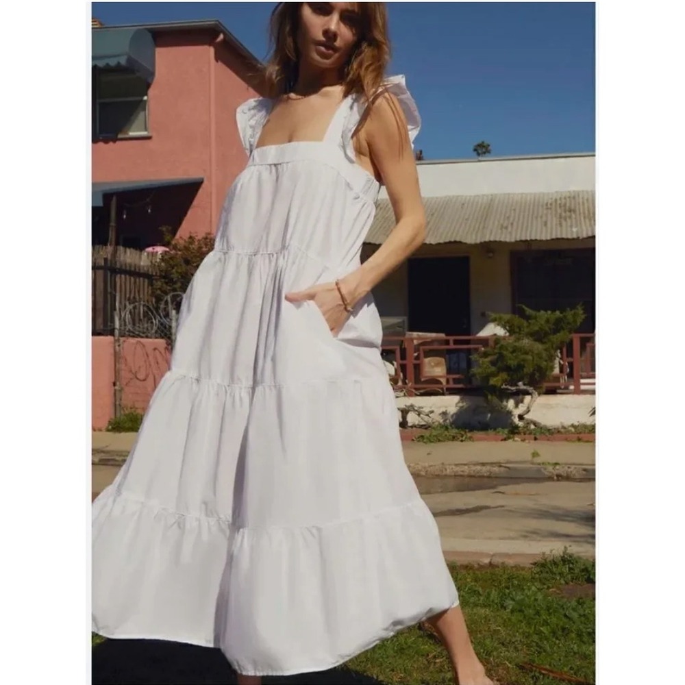 Nation LTD Camille White Cotton Ruffle Strap Tiered Midi Dress Small